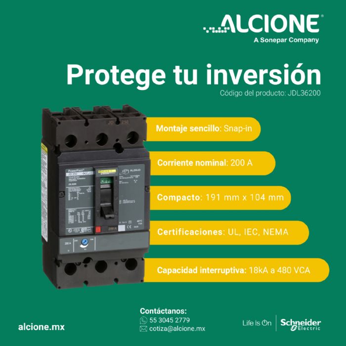 Interruptor termomagnético PowerPacT J, de 200A, 3 polos, 14kA a 600V, zapatas