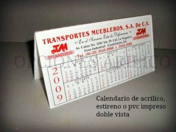 Calendario de acrílico, estireno o PVC impreso doble vista