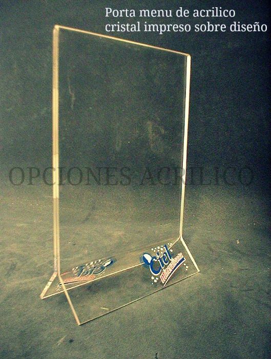 Porta menú de acrílico cristal impreso sobre diseño
