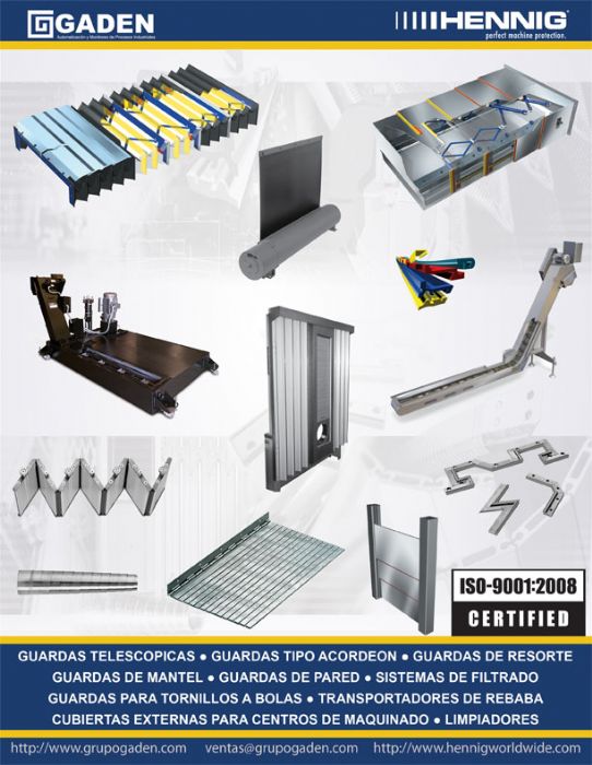 PROTECCIONES, GUARDAS, TOLVAS, CUBIERTAS O WAY COVERS, BELLOWS, WIPERS, RASCADORES, LIMPIADORES TRANSPORTADORES DE REBABA, VIRUTA O CHIP CONVEYORS, FILTRADO DE COOLANT, REFRIGERANTE, HENNIG, ENEMOTO, GADEN, AME, COBSEN.