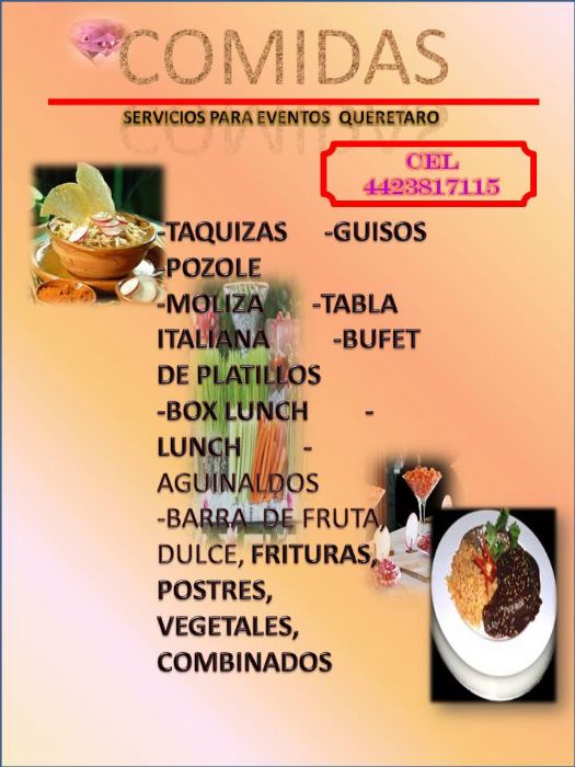 TAQUIZAS, GUISOS, BOX LUNCH, BUFET DE PLATILLOS,  BARRA DULCE, SALADA, BEBIDAS, GELATINAS, PASTELILLOS