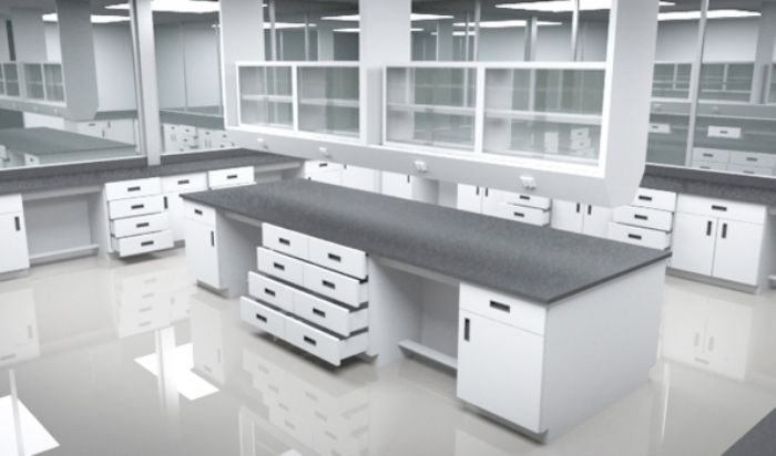 Mesa isla para laboratorios de control de calidad con repisa de servicios y almacenaje suspendid